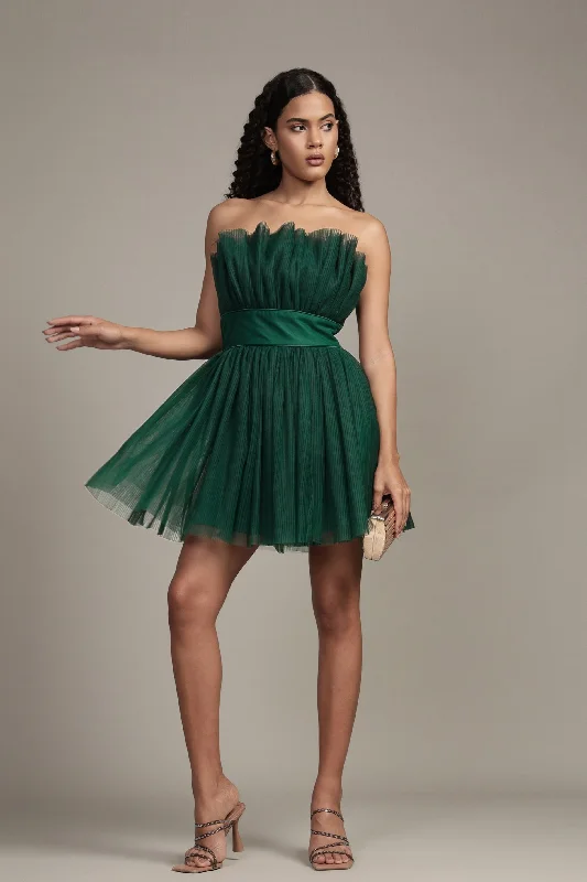 Nanita Pleated Mini Dress in Emerald Green