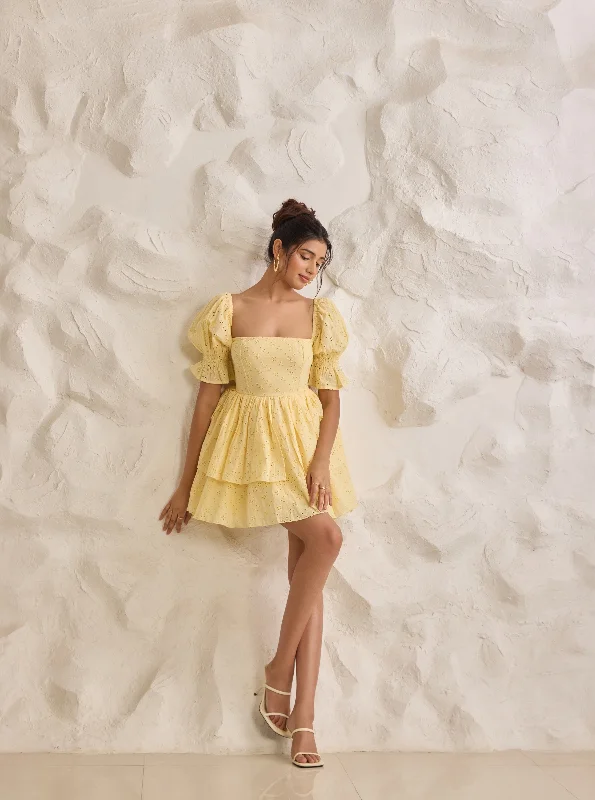 Pixie Yellow Schiffli Puff Corset Dress